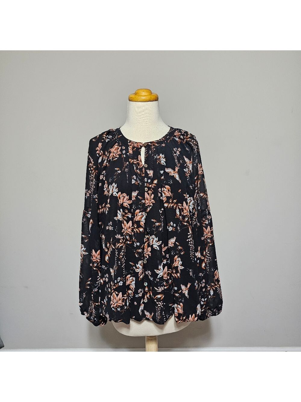 My Danielle Black Floral Peasant Blouse Long Sleeve